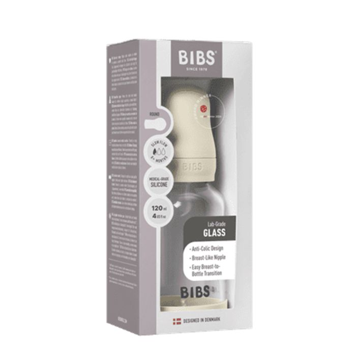 BIBS Glassflaske, Silikon, 120 ml, Slow Flow, Ivory