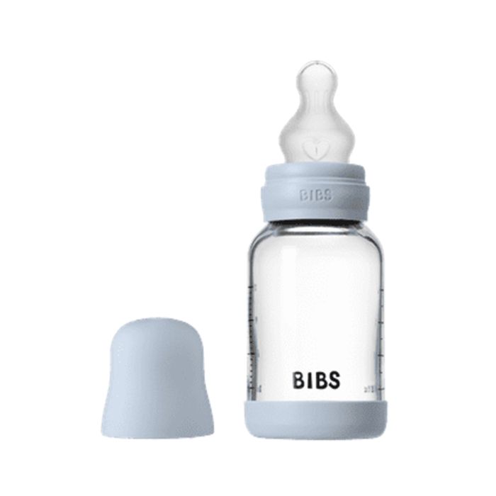 BIBS Glassflaske, Silikon, 120 ml, Slow Flow, Baby Blue