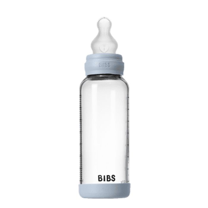 BIBS Glassflaske, Silikon, 240 ml, Medium Flow, Baby Blue