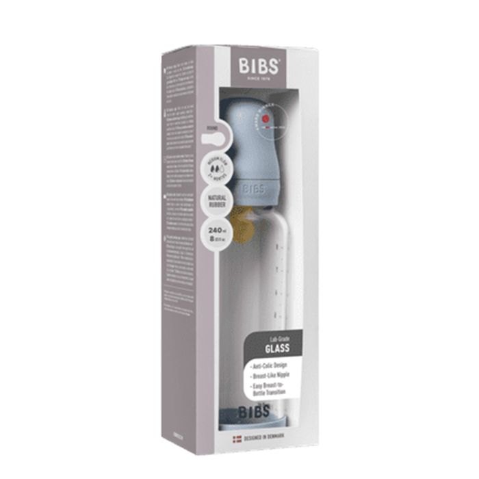 BIBS Glassflaske,  Latex, 240 ml, Medium Flow, Baby Blue