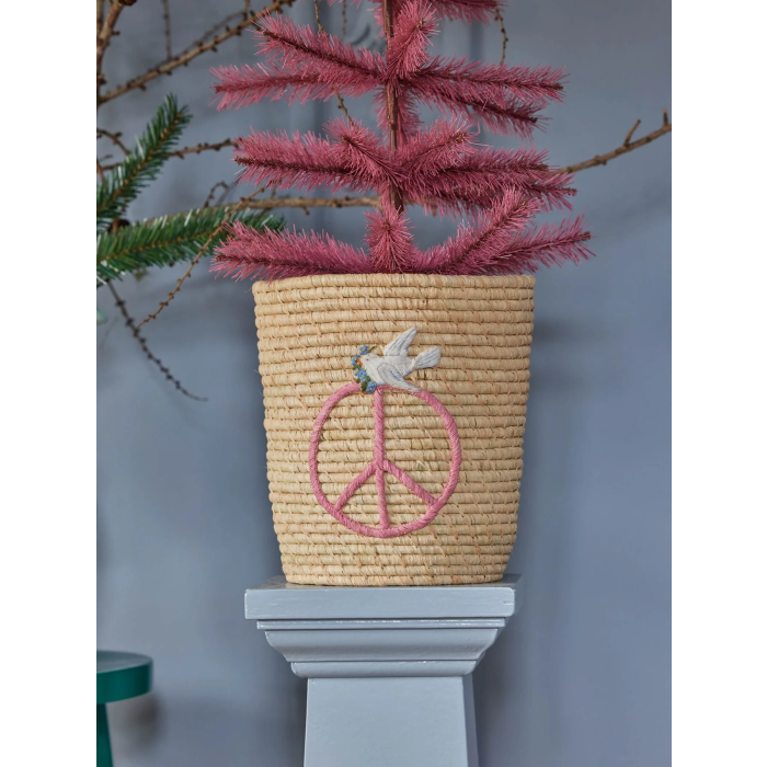 Raffia kurv med rosa "Peace" motiv, Rice