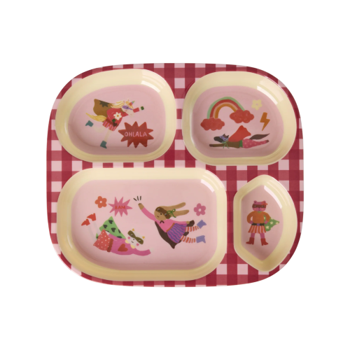 Barnetallerken med 4 rom, Rosa Hero print, Rice