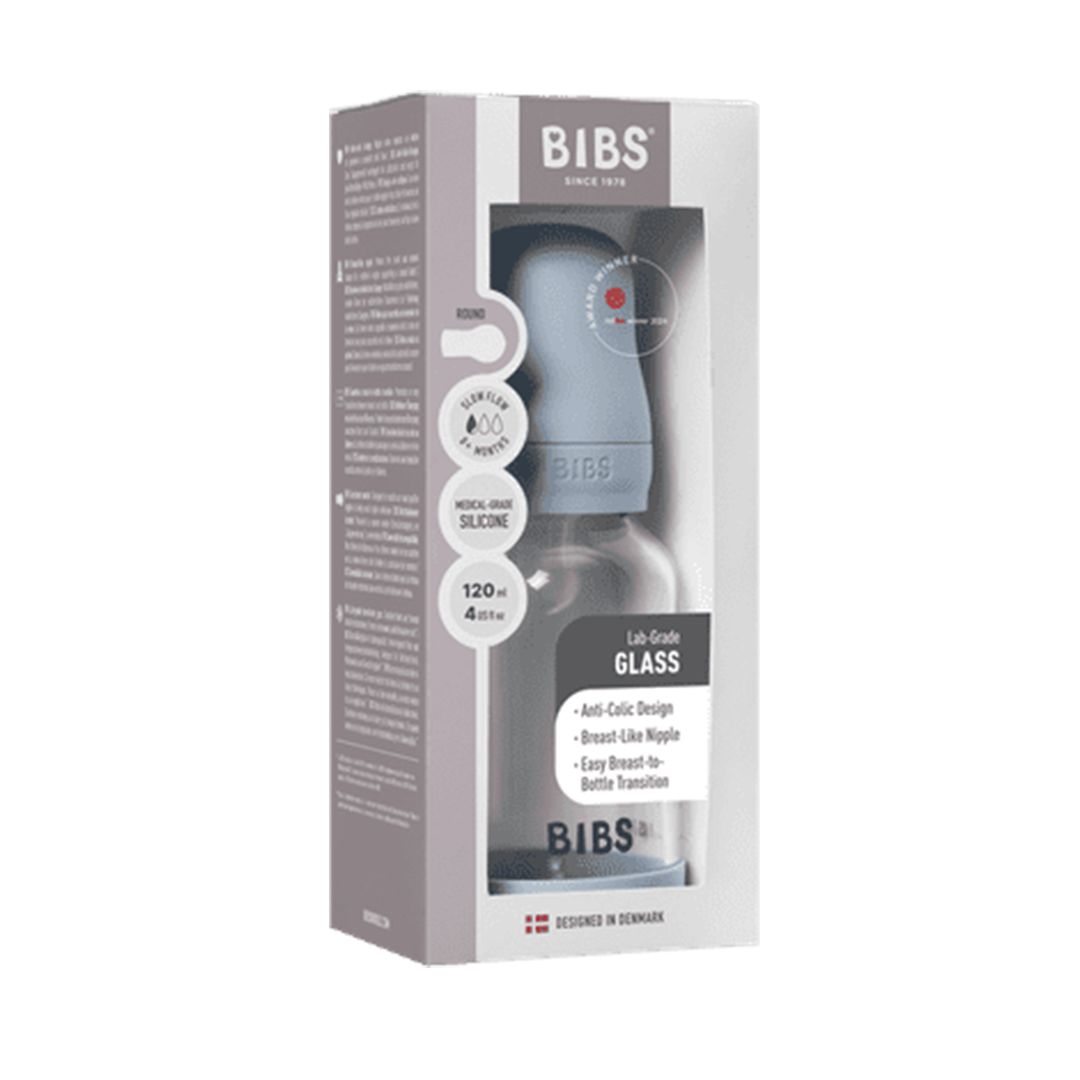 BIBS Glassflaske, Silikon, 120 ml, Slow Flow, Baby Blue