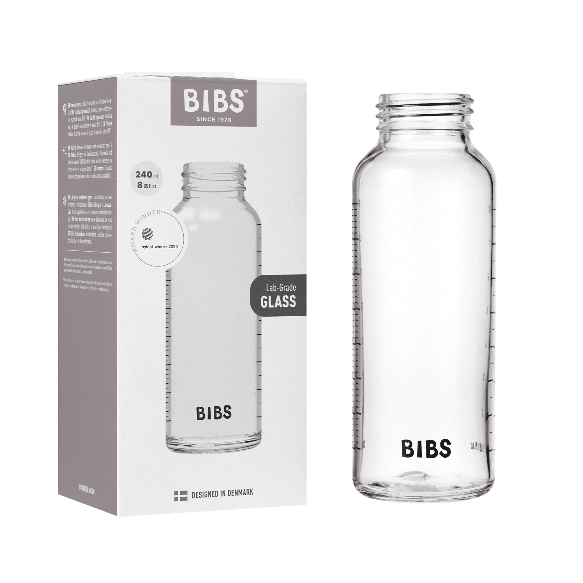 BIBS Glassflaske u/lokk, 240 ml