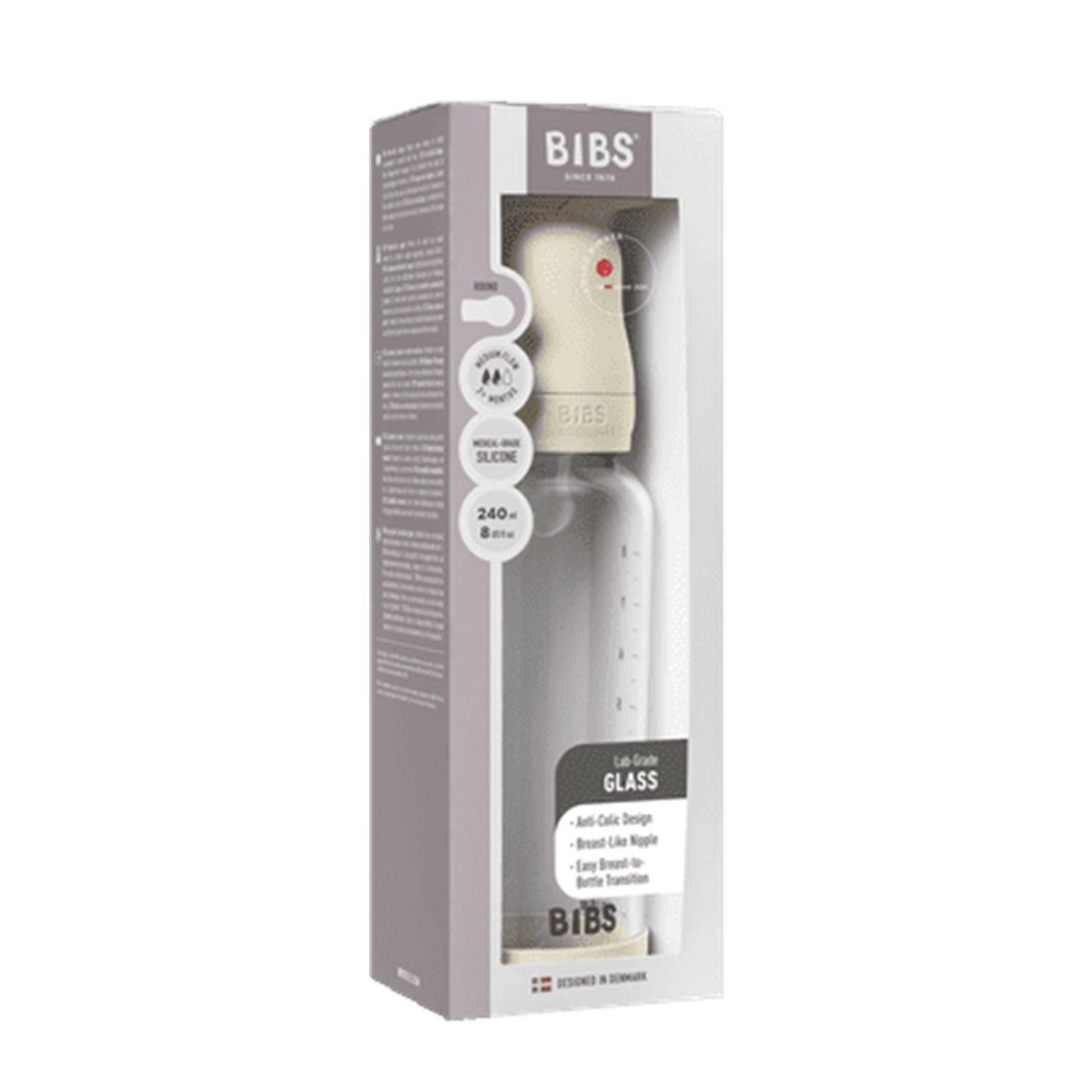 BIBS Glassflaske, Silikon, 240 ml, Medium Flow, Ivory