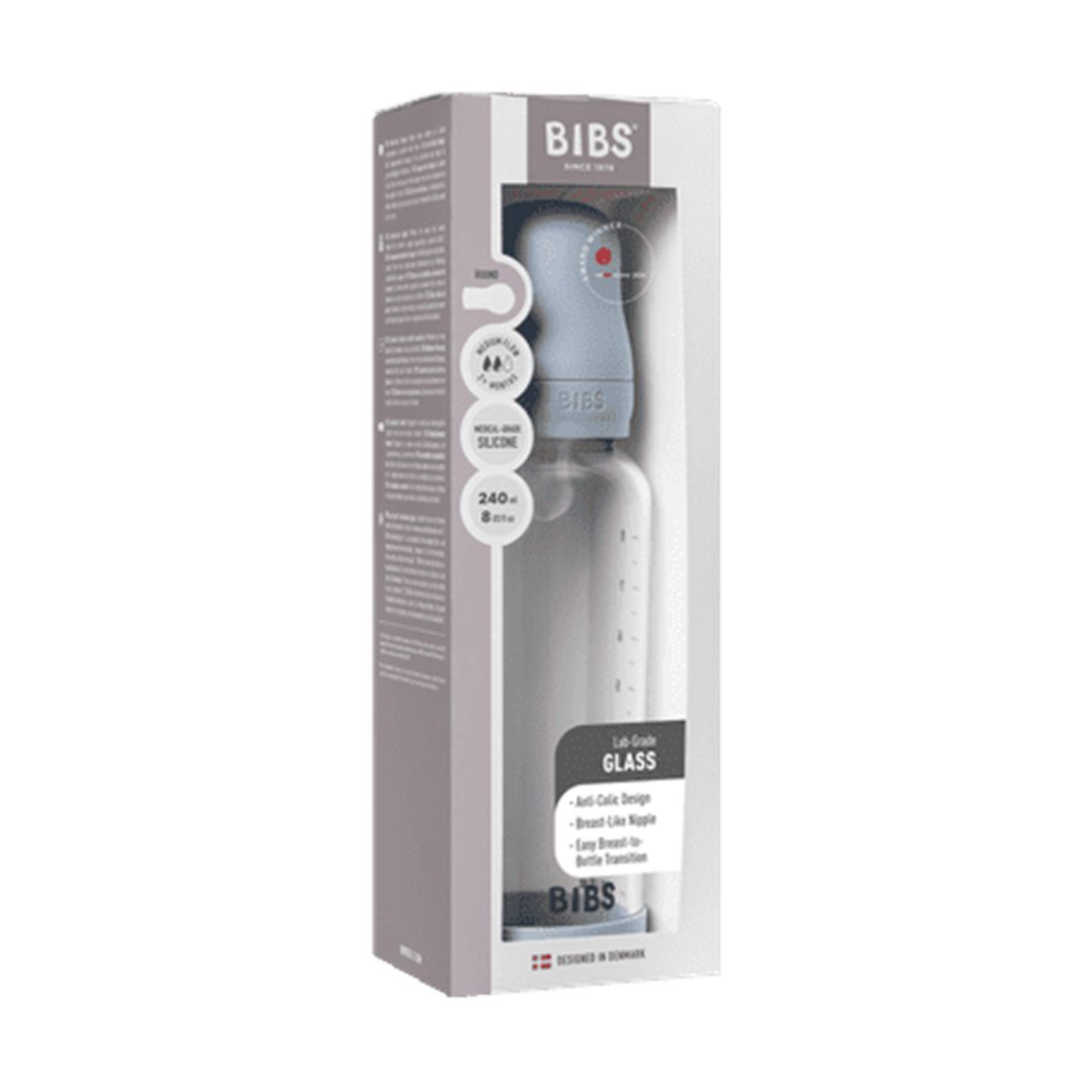 BIBS Glassflaske, Silikon, 240 ml, Medium Flow, Baby Blue