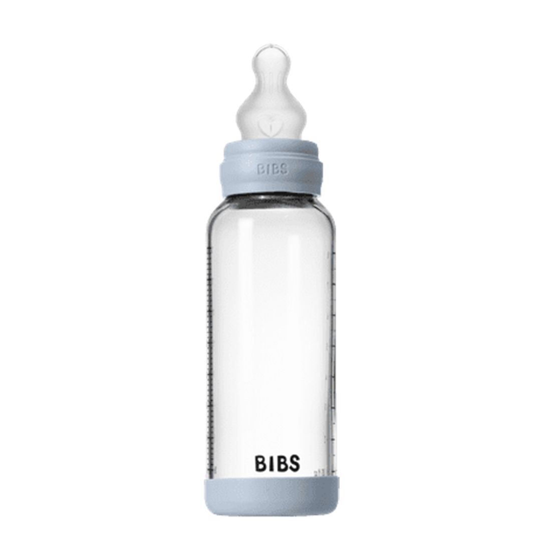 BIBS Glassflaske, Silikon, 240 ml, Medium Flow, Baby Blue