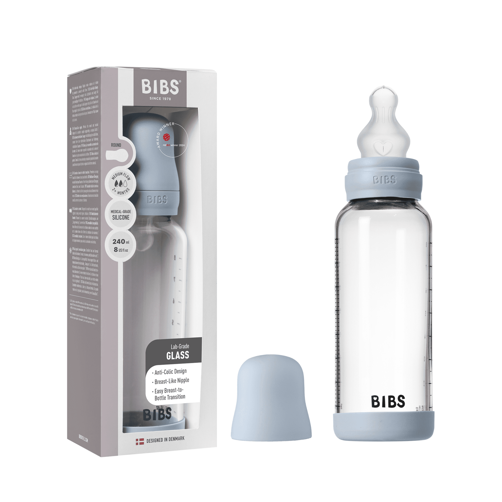 BIBS Glassflaske, Silikon, 240 ml, Medium Flow, Baby Blue
