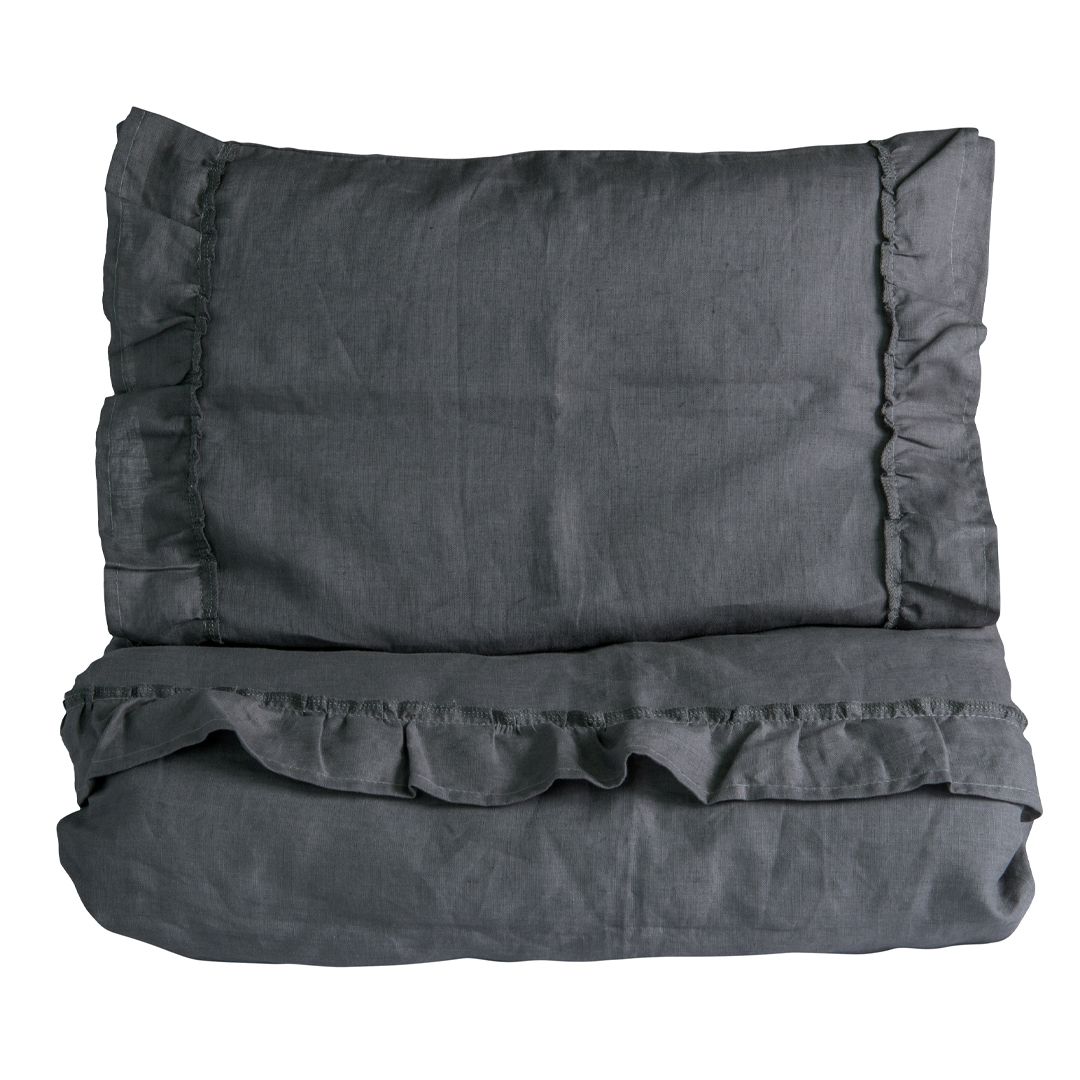 Sengesett, NG Baby, Lin Ruffle, Grafittgrey, 65x80/35x40cm