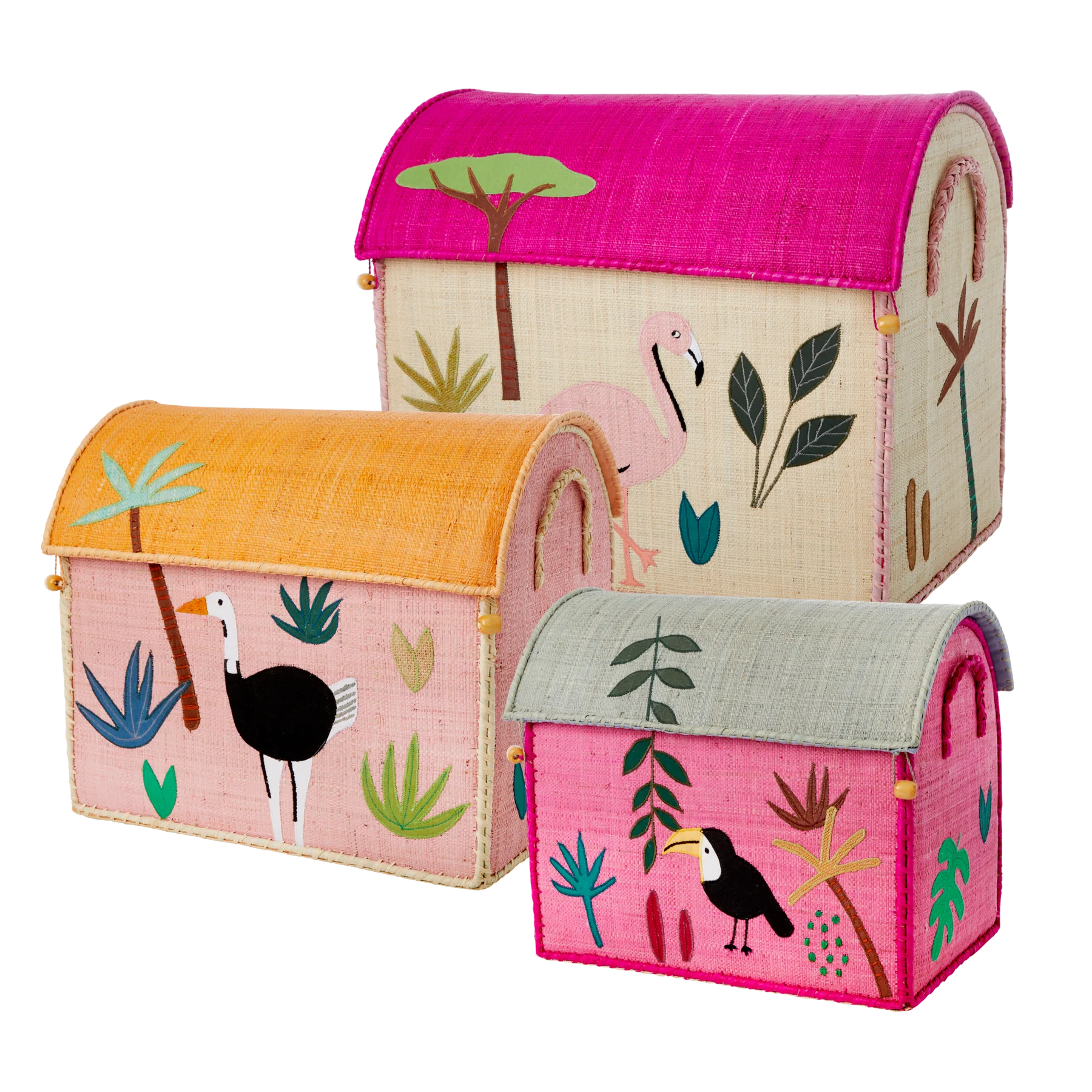 Oppbevaringshus, Jungelmotiv i rosa (sett med 3), Rice