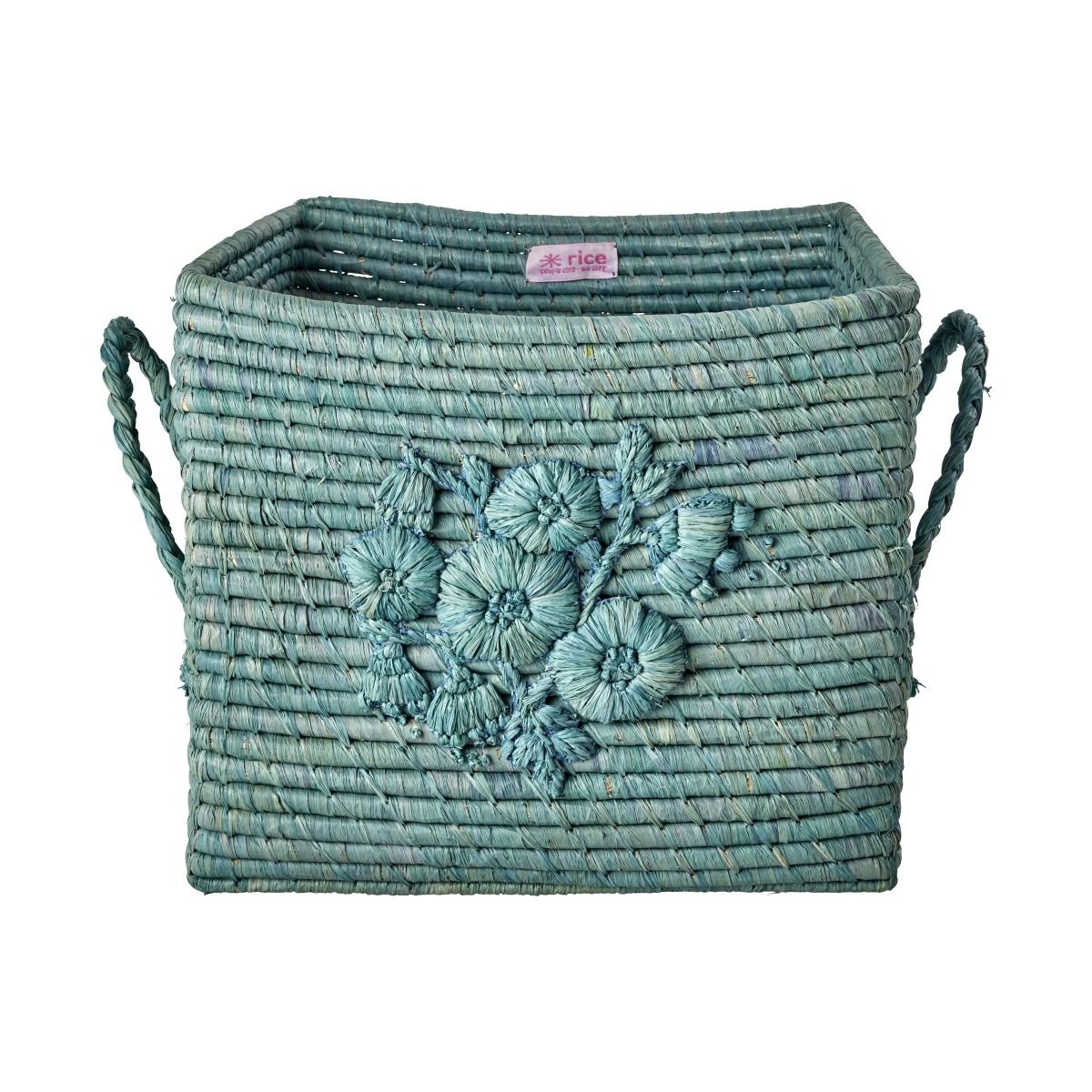 Firkantet kurv med blomsterbroderi, Stor, Dove Blue, Rice