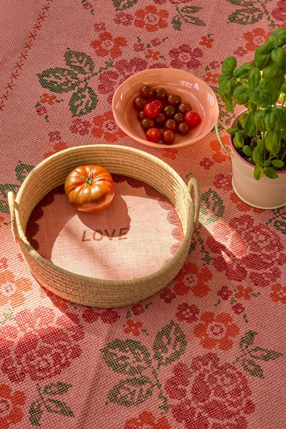 Brødkurv i raffia, Love print, Natural, Rice