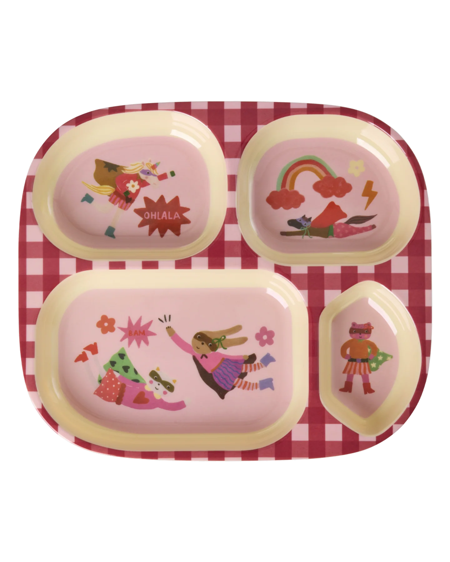 Barnetallerken med 4 rom, Rosa Hero print, Rice
