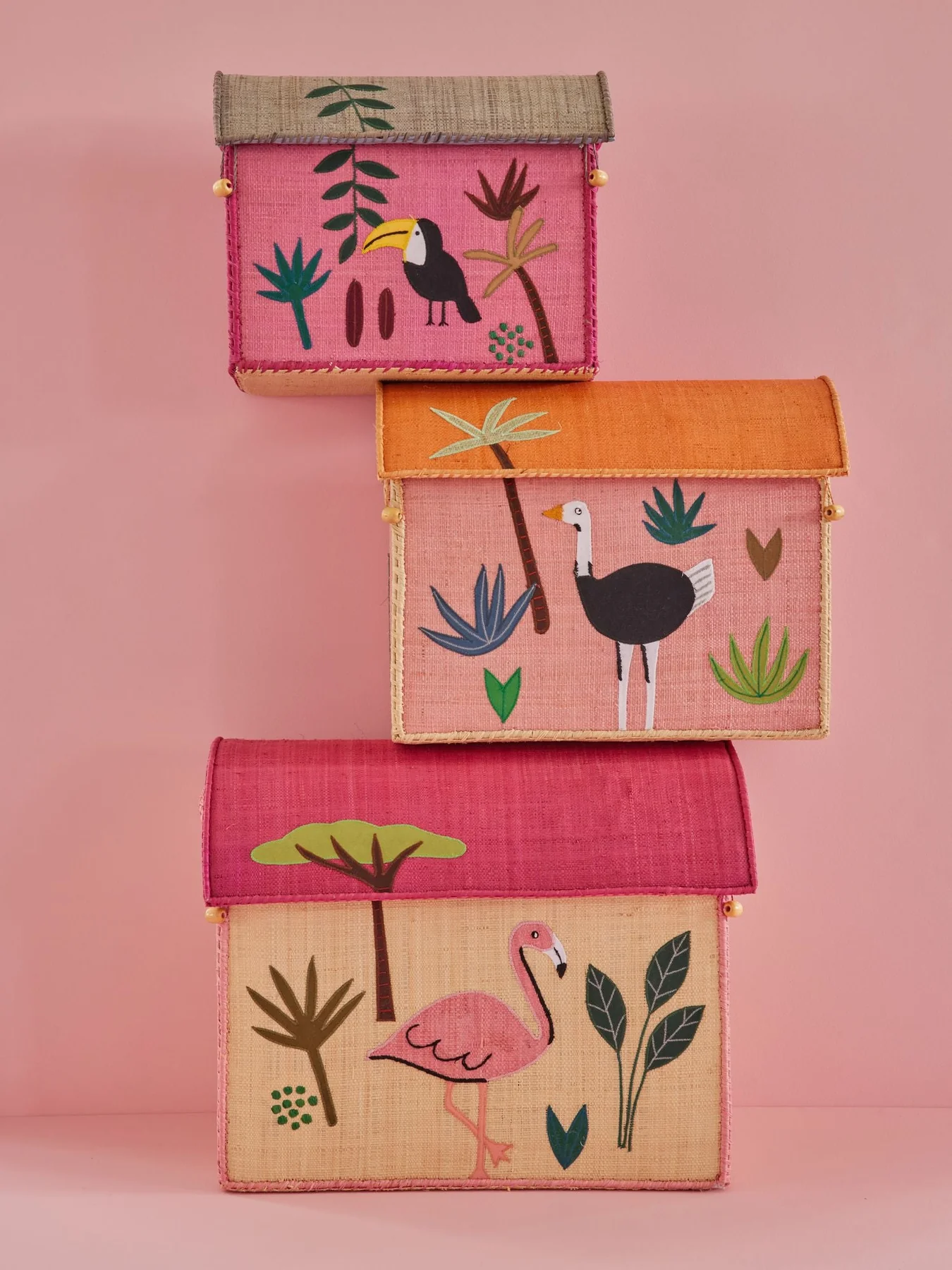 Oppbevaringshus, Jungelmotiv i rosa (sett med 3), Rice