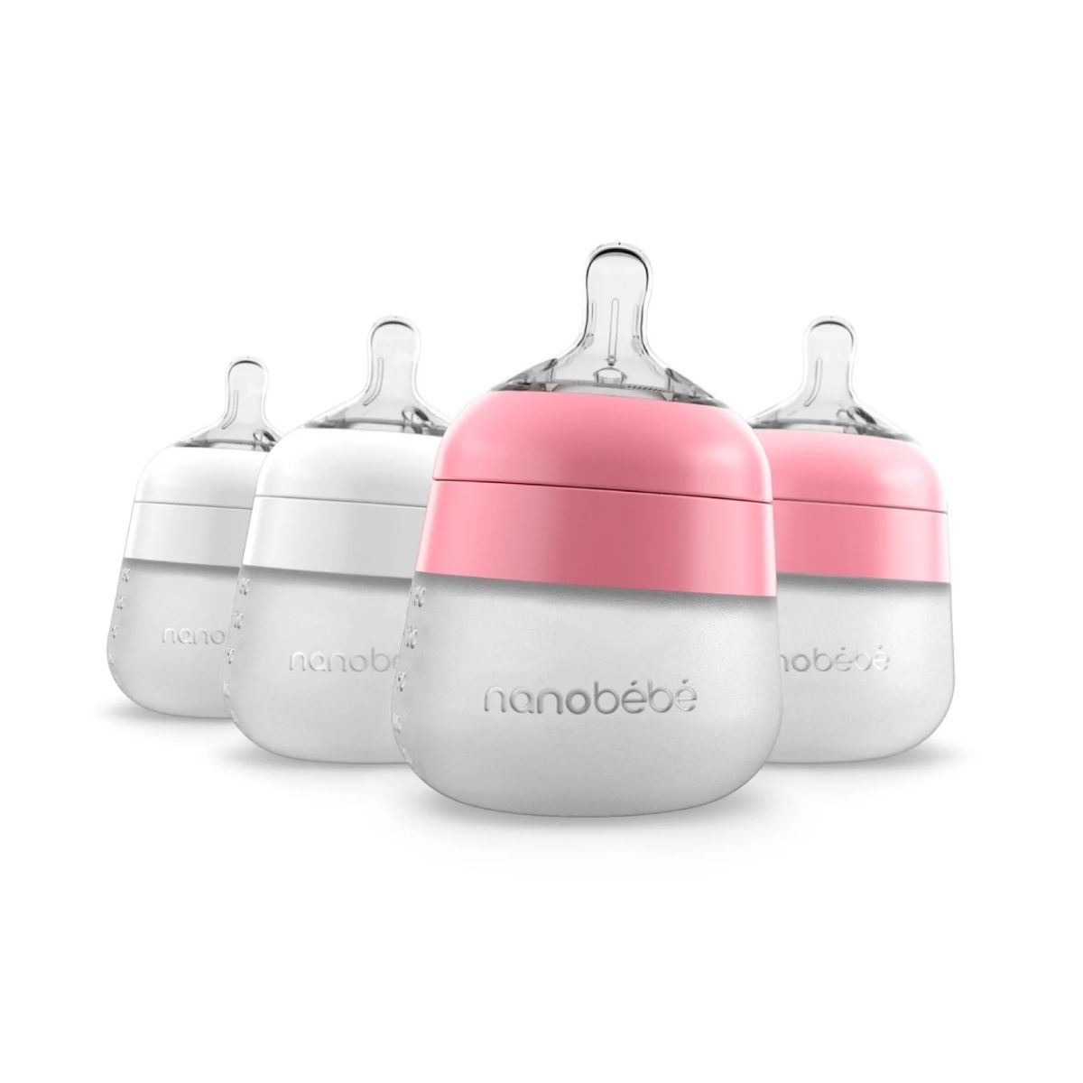 Silikontåteflaske (myk), Nanobébé, Flexy, 2 x Rosa og 2 x Hvit, 150 ml, 4 pk