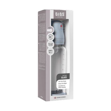 BIBS Glassflaske, Silikon, 240 ml, Medium Flow, Baby Blue