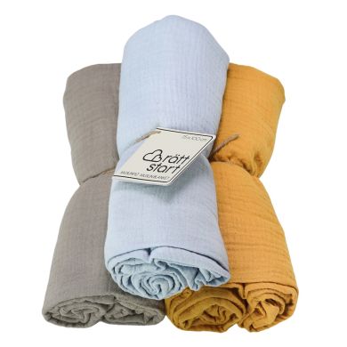 Muslinteppe, Rätt Start, Gult/Beige/Blå, 3 pk