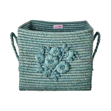Firkantet kurv med blomsterbroderi, Stor, Dove Blue, Rice