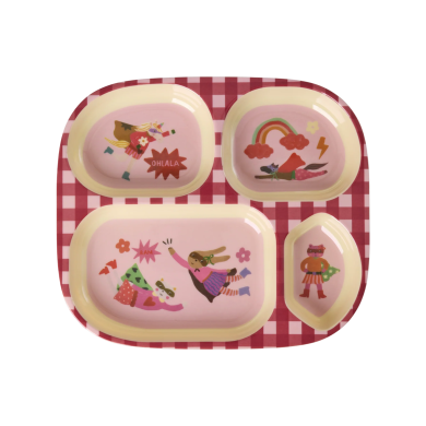 Barnetallerken med 4 rom, Rosa Hero print, Rice