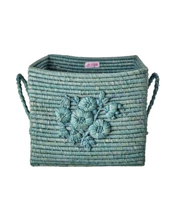 Firkantet kurv med blomsterbroderi, Stor, Dove Blue, Rice